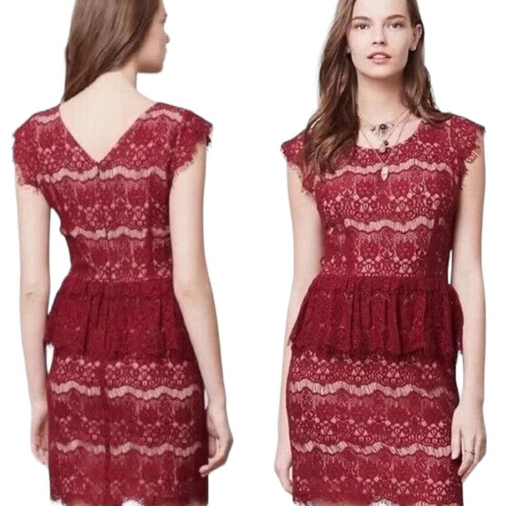 Maeve Anthropologie Elsa Dress Women's Size Small‎ Lace Peplum Maroon Burgundy